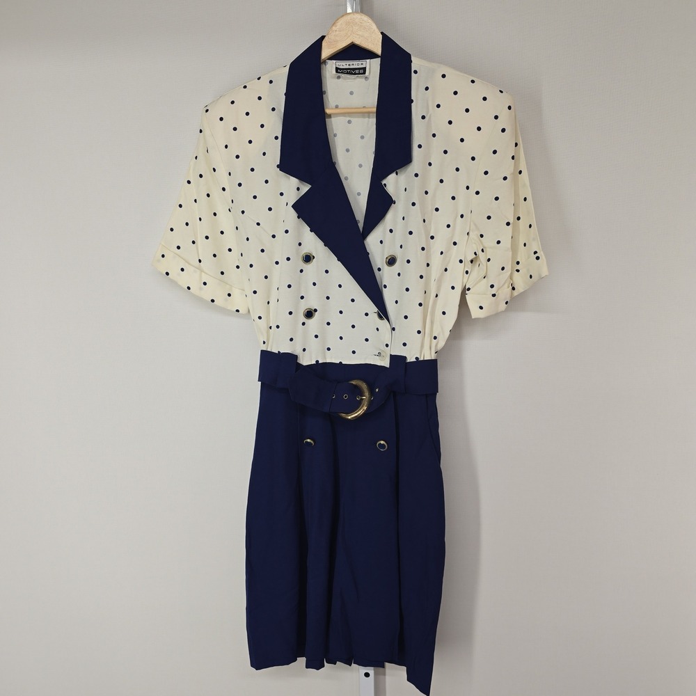 Vintage‎ ULTERIOR MOTIVES Polka Dot Blazer Dress Navy Gold Belted Size Medium